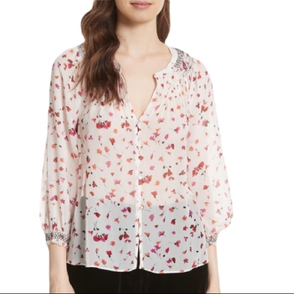 Joie Gontilda Silk Pink Floral Printed Semi Sheer Smocked Pintucked Blouse - M - Picture 1 of 16